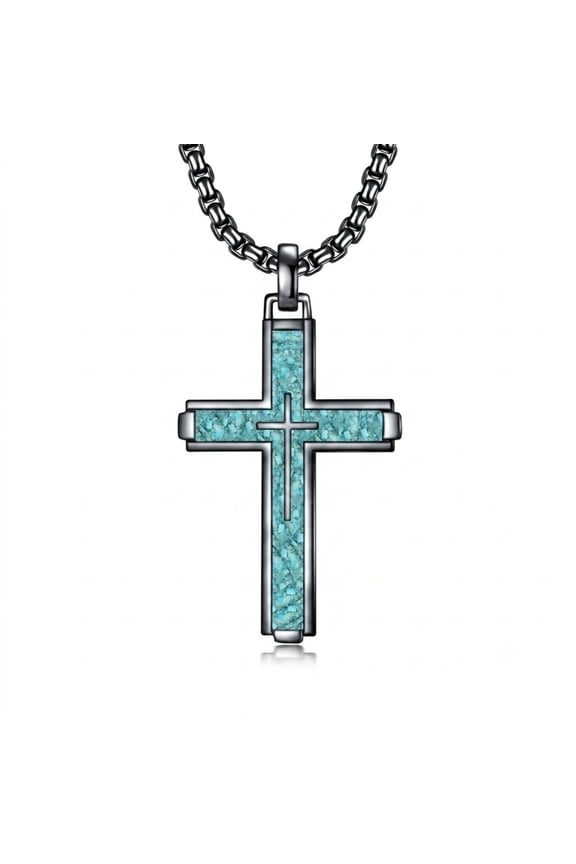 Cross Necklace for Men, Black Gold Double Layer Cross Pendant with Turquoise, 22"+2" Chain, Protection Jewelry