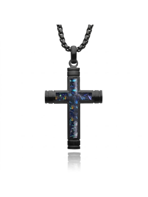 Cross Necklace for Men, Black Gold Latin Cross Pendant with Abalone Shell, 22"+2" Chain, Protection Jewelry