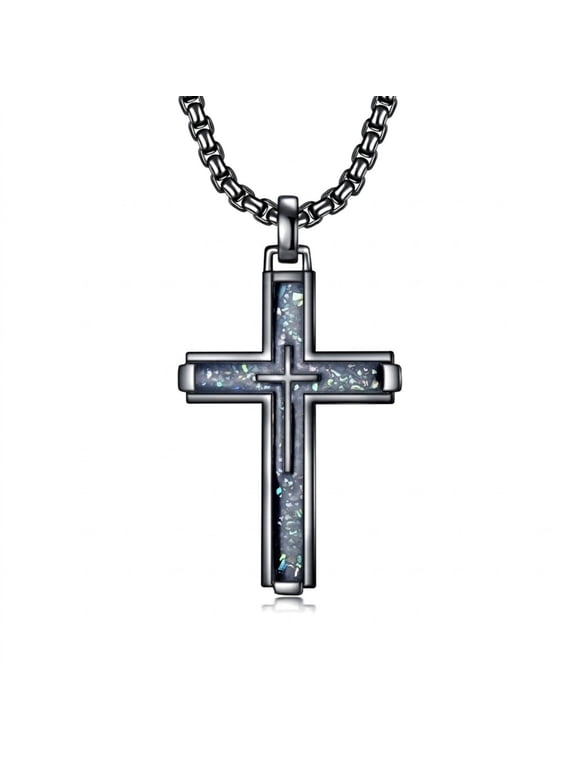 Cross Necklace for Men, Black Gold Latin Cross Pendant with Abalone Shell Inlay, 22"+2" Chain, Protection Jewelry