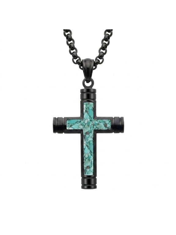 Cross Necklace for Men, Black Gold Latin Cross Pendant with Natural Turquoise, 22"+2" Chain, Protection Jewelry