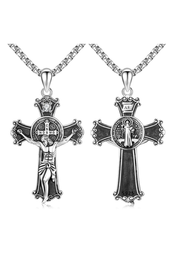 Cross and Crown Necklace for Men Women, Oxidized Silver with Gold Crown, Patron Saint of Strength, Catholic Protection Gift