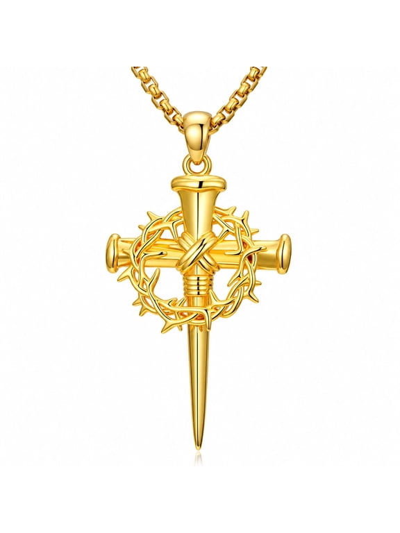 Crown of Thorns Necklace, 14K Gold Plated Sword Cross Christian Pendant, Religious Jewelry for Men and Women