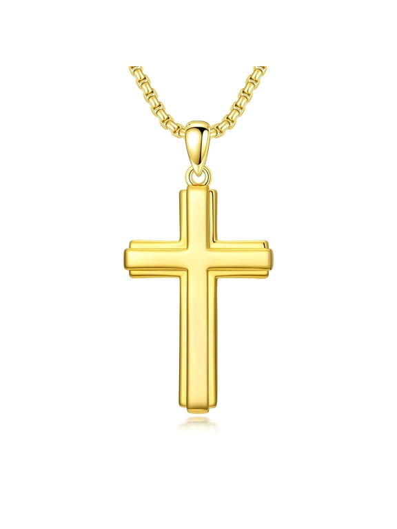 Gold Cross Necklace for Men, 14K Gold Plated 3D Double Layer Pendant, 22"+2" Stainless Steel Chain, Father's Day Gift