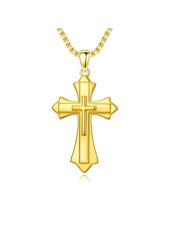 Gold Cross Necklace for Men, 14K Gold Plated Double Layer Pendant, 22"+2" Stainless Steel Chain, Father's Day Gift