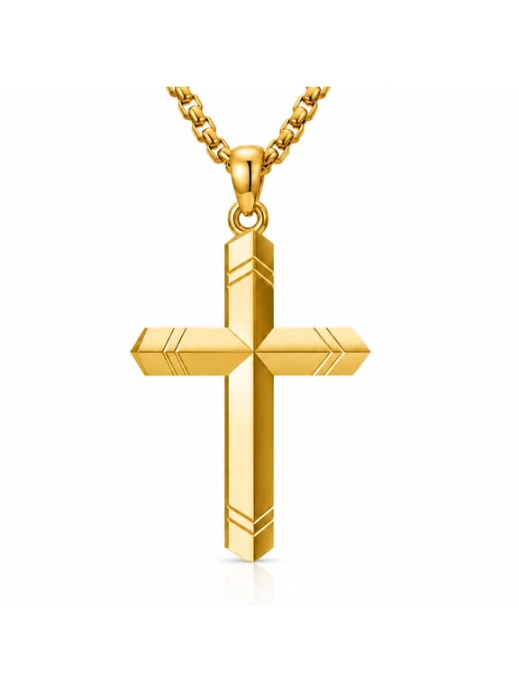 Gold Cross Necklace for Men 40mm Minimalist Geometric Pendant 14K Gold Plated Christian Gift