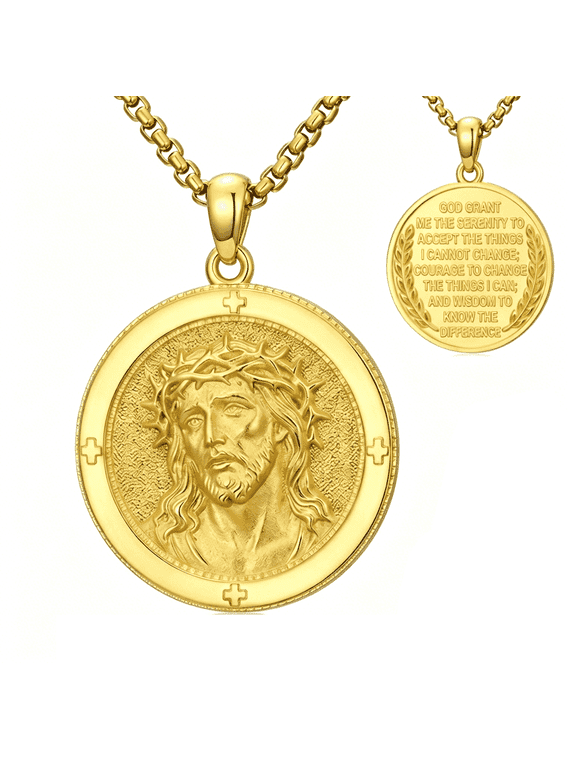 Jesus Christ Crown of Thorns Medal Necklace, 14K Gold Plated Serenity Prayer Christian Religious Gift for Him