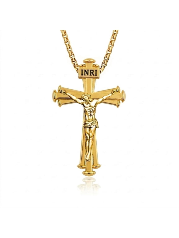 Jesus Crucifix Necklace for Men Women, 14K Gold Plated Cross with INRI, Patron Saint of Redemption, Catholic Gift