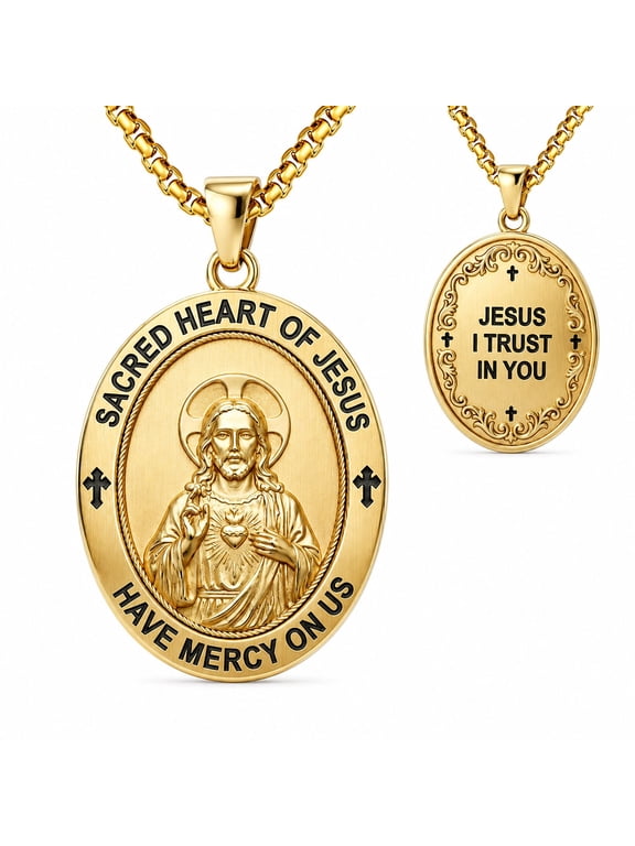 Jesus Pendant Necklace for Men Women, 14K Gold Plated Sacred Heart Oval Medal, Catholic Protection Gift
