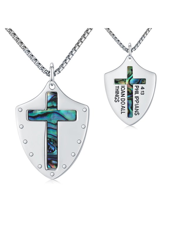 Knights Templar Necklace for Men, Shield Cross Pendant with Abalone Shell, 22"+2" Chain, Confirmation Gift Protection Jewelry