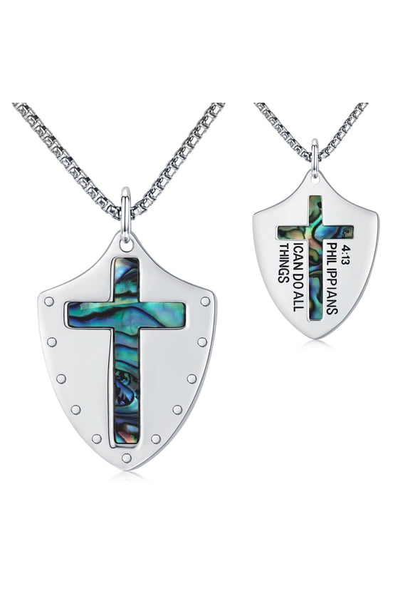 Knights Templar Necklace for Men, Shield Cross Pendant with Abalone Shell, 22"+2" Chain, Confirmation Gift Protection Jewelry