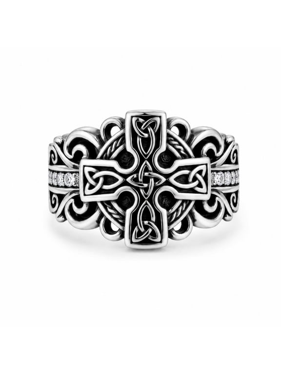 Men's Celtic Band, Vintage White Gold Plated Jewelry with White Zircon, Adjustable 15mm Wide Gothic Statement Ring,,Size#8