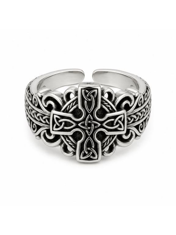 Men's Celtic Cross Ring, Vintage Gothic Band, Adjustable White Gold Plated Statement Jewelry, Bold 15mm Wide Ring,Size#9