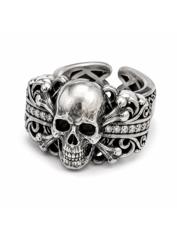 Men's Skull Ring, Vintage Gothic Biker Band, Adjustable White Gold Plated CZ Jewelry, Bold 15mm Wide Statement Ring,Size#8