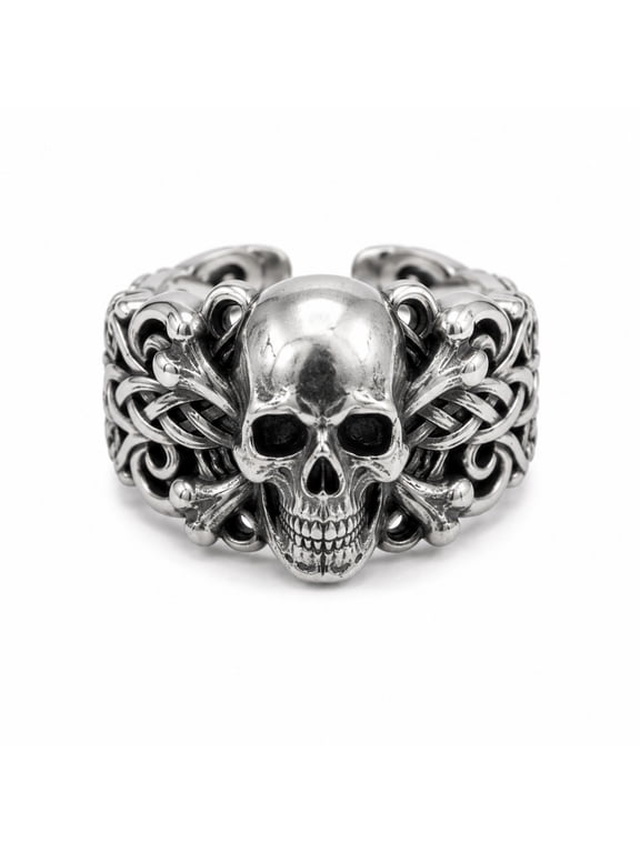 Men's Skull Ring, Vintage Gothic Biker Band, Adjustable White Gold Plated Statement Jewelry, Bold 15mm Wide Ring,Size#10