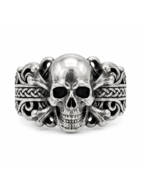 Men's Skull Ring, Vintage Gothic Biker Band, White Gold Plated Statement Jewelry for Men, Bold 15mm Wide Ring,Size#9