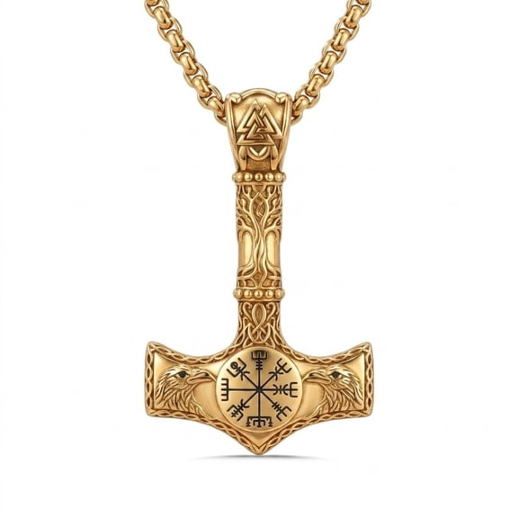 Kootwo Mjolnir Necklace for Men Thor Hammer Pendant 37mm 14K Gold Plated Viking Rune Vegvisir Norse Jewelry