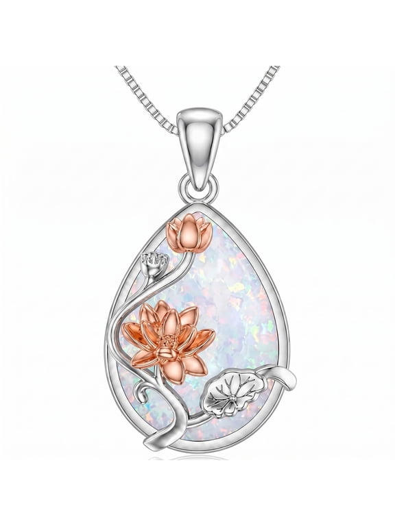 Opal Lotus Necklace Two Tone White Gold & Rose Gold Plated Vintage Pendant Jewelry Gift for Her Women