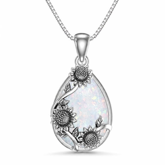 Midir&Etain  Opal Sunflower Necklace White Gold Plated Vintage Floral Pendant Jewelry Gift for Her Women Mom