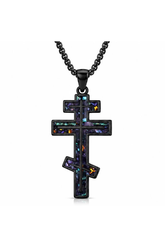 Orthodox Cross Necklace for Men, Black Gold 3-Bar Cross with Abalone, 22"+2" Chain, Confirmation Gift