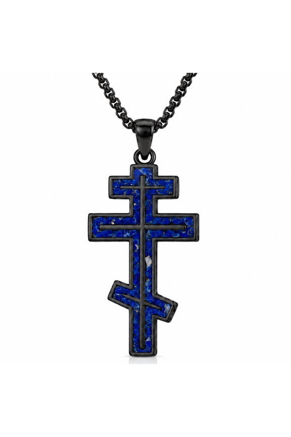 Orthodox Cross Necklace for Men, Black Gold 3-Bar Cross with Lapis Lazuli, 22"+2" Chain, Confirmation Gift