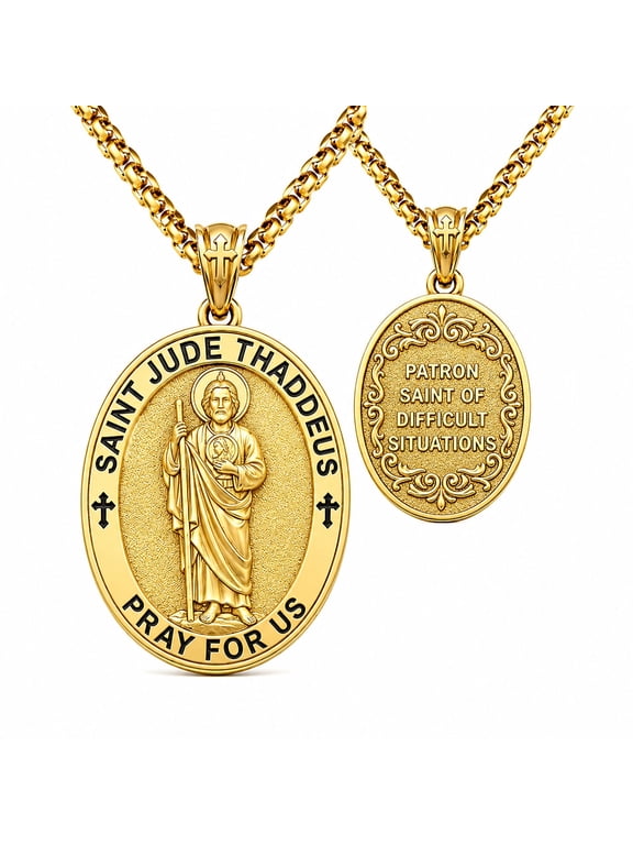 Patron Saint Necklace for Men, 14K Gold Plated St. Jude Medal, Catholic Hope Gift