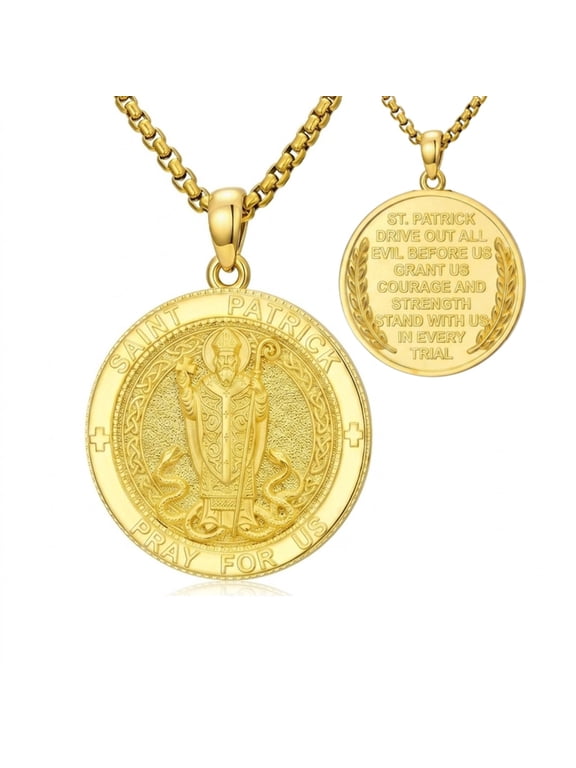 Patron Saint Necklace for Men, 14K Gold Plated St. Patrick Medal, Catholic Courage Gift
