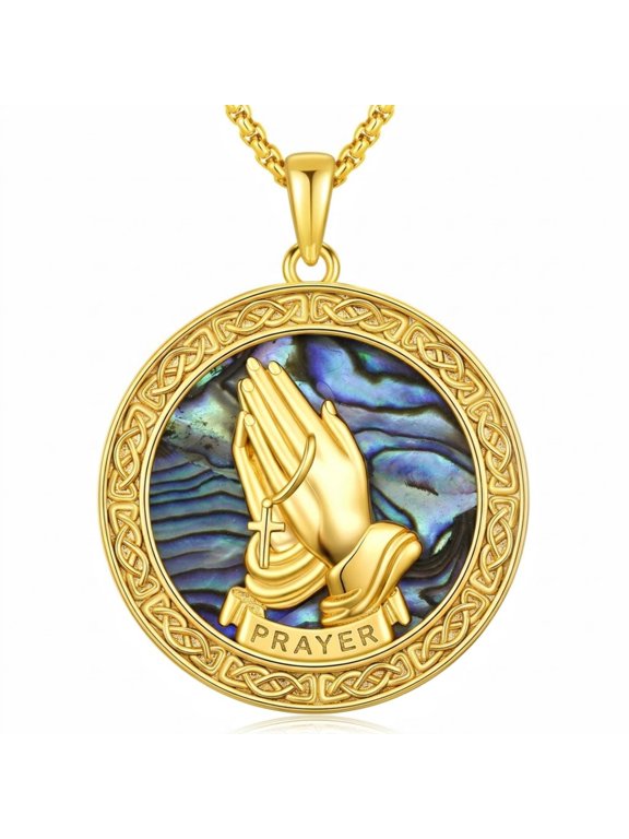 Praying Hands Necklace, 14K Gold Plated Abalone Shell Pendant, First Communion & Father's Day Gifts for Men