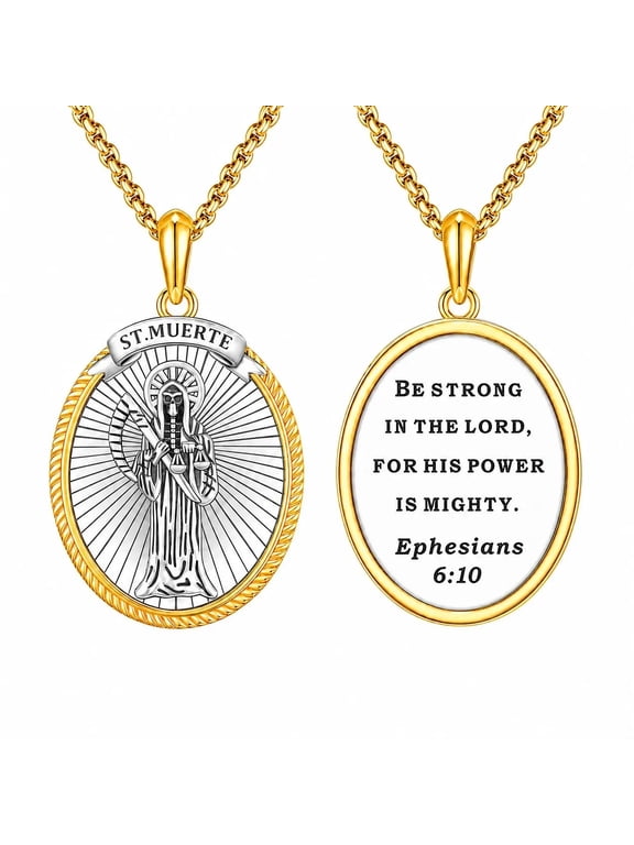 Saint Necklace Santa Muerte Medallion Two-Tone Religious Jewelry