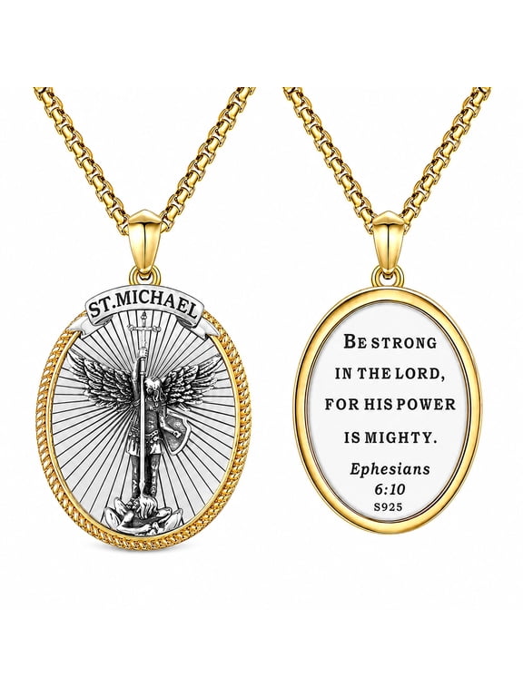Saint Necklace St. Michael Archangel Pendant Two-Tone Oxidized Religious Jewelry