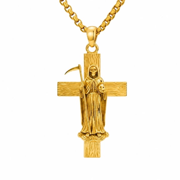 Kootwo Santa Muerte Necklace for Men, 14K Gold Plated Cross Pendant, Religious Jewelry Gift for Him