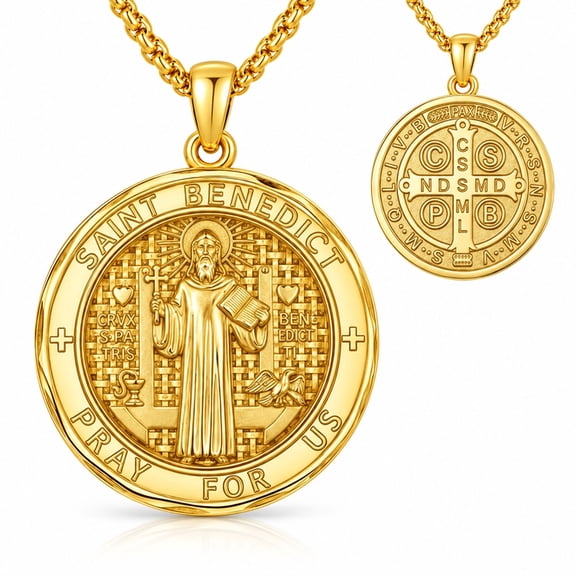 Kootwo St Benedict Necklace for Men Women, 14K Gold Plated Double-Sided Exorcism Cross Medal, Catholic Amulet Gift