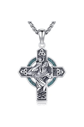 St Christopher Medal for Men Women, Platinum Celtic Cross with Turquoise, Patron Saint of Travelers, Catholic Gift