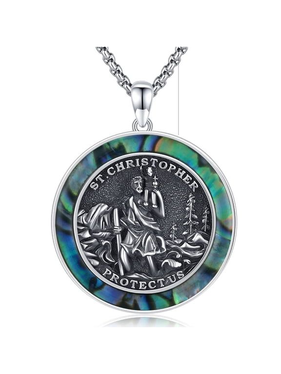 St Christopher Medal for Men Women, Platinum Plated Round Pendant with Abalone Shell, Patron Saint of Travelers, Catholic Gift