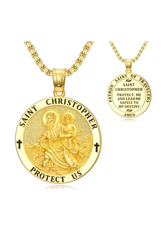 St. Christopher Necklace for Men, 14K Gold Plated Double-Sided Medal with 22"+2" Rolo Chain, First Communion Graduation Birthday Father's Day Protection Jewelry Gifts for Him