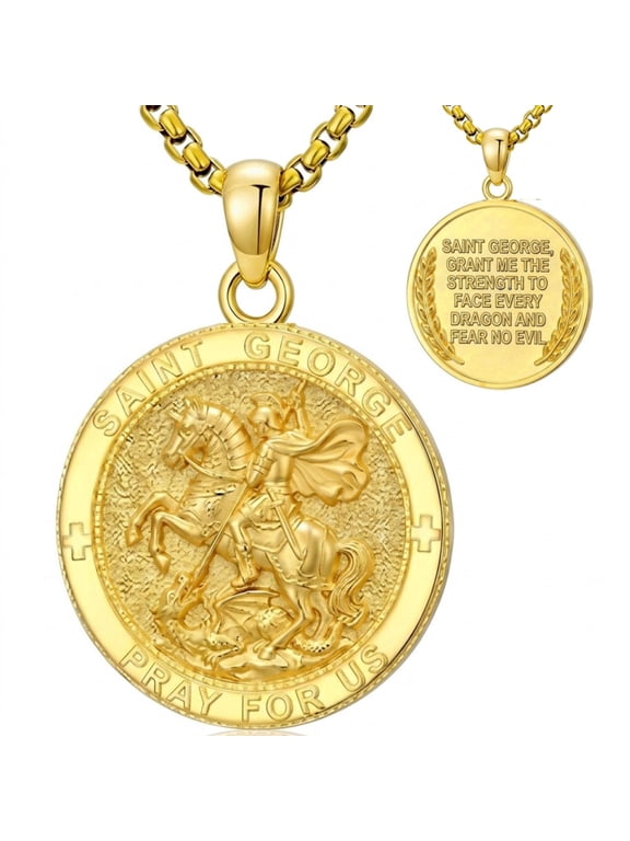 St. George Necklace for Men Women, 14K Gold Plated Dragon Slayer Medal Pendant, Catholic Protection Jewelry Gift