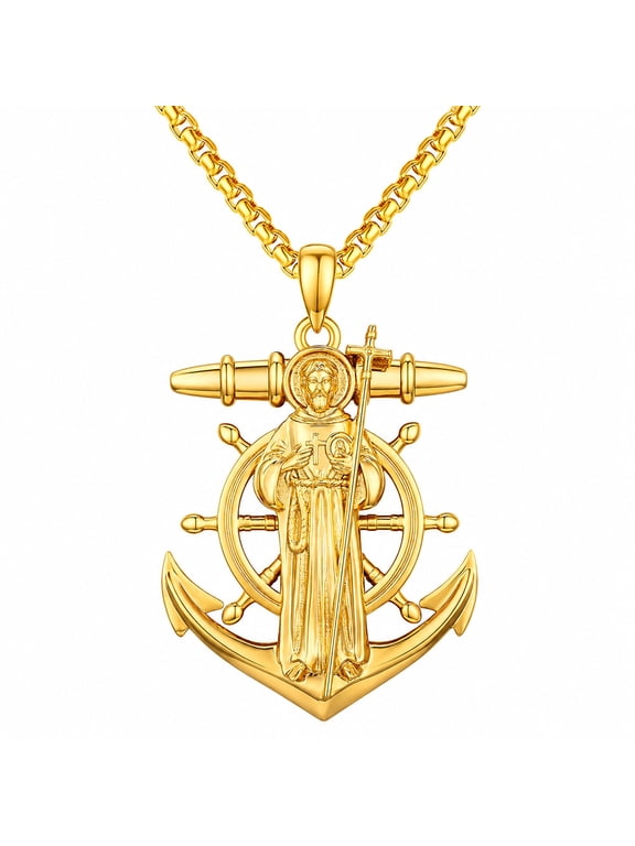 St. Jude Anchor Necklace for Men Women, 14K Gold Plated Catholic Saint Medal Pendant, Religious Protection Gift
