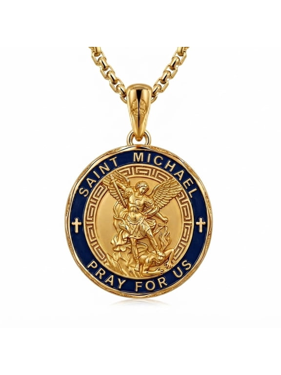St Michael Medal for Men Women, 14K Gold Plated Patron Saint of Protection, Catholic Amulet Gift