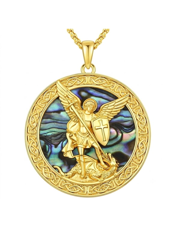 St. Michael Necklace, 14K Gold Plated Abalone Shell Pendant, First Communion & Father's Day Gifts for Men