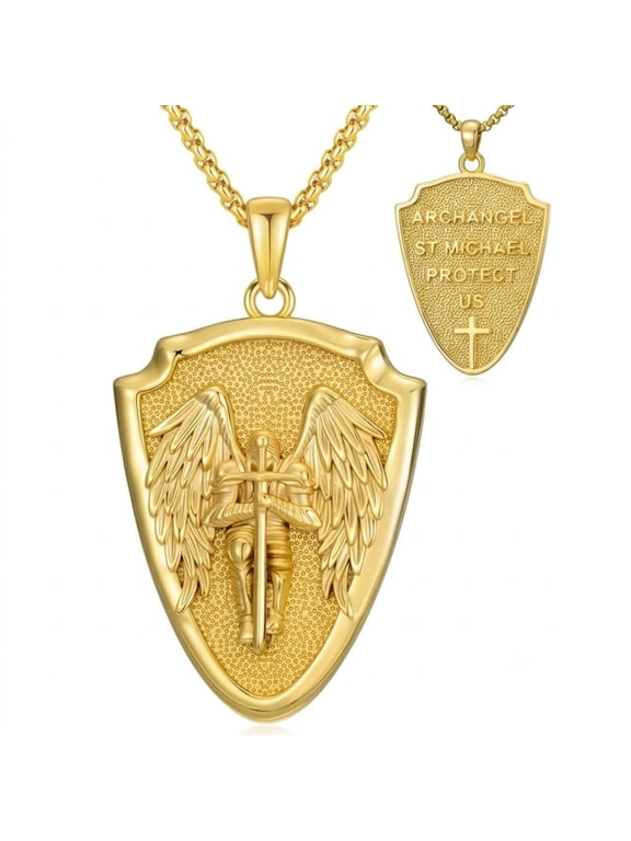 St. Michael Necklace for Men, 14K Gold Plated Archangel Shield Pendant, Catholic Protection Jewelry Gift
