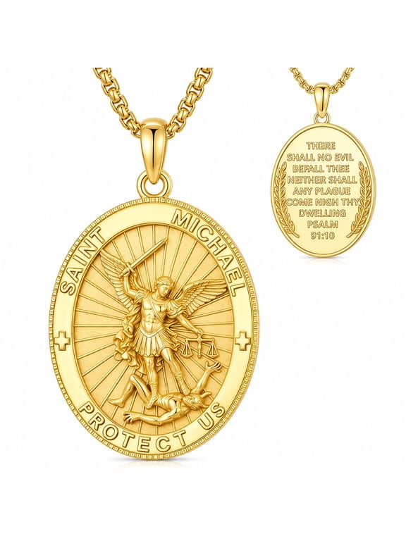 St. Michael Necklace for Men Women, 14K Gold Plated Archangel Medal, Catholic Protection Pendant Gift