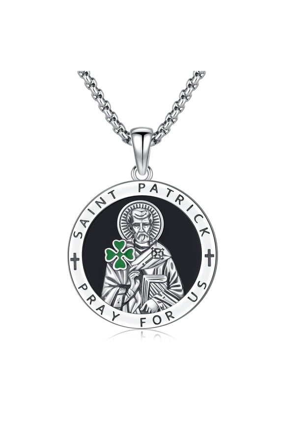 St Patrick Medal for Men Women, Platinum Plated Round Pendant with Green Clover, Patron Saint of Ireland, Catholic Gift