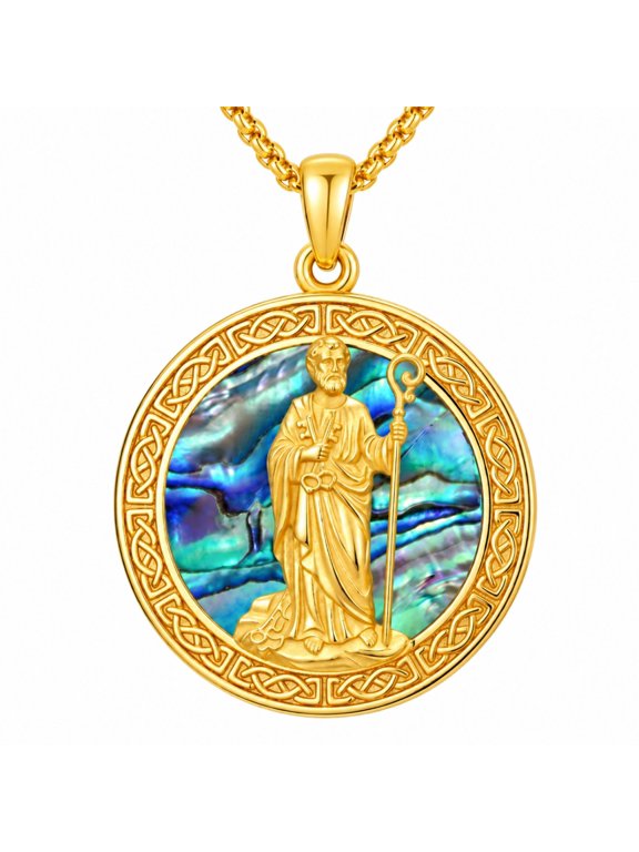 St. Peter Necklace, 14K Gold Plated Abalone Shell Pendant, First Communion & Father's Day Gifts for Men