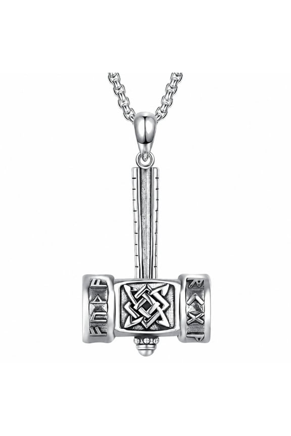 Thor's Hammer Talisman Necklace , White Gold Plated Mjolnir Pendant Viking Rune Jewelry Gift for Him