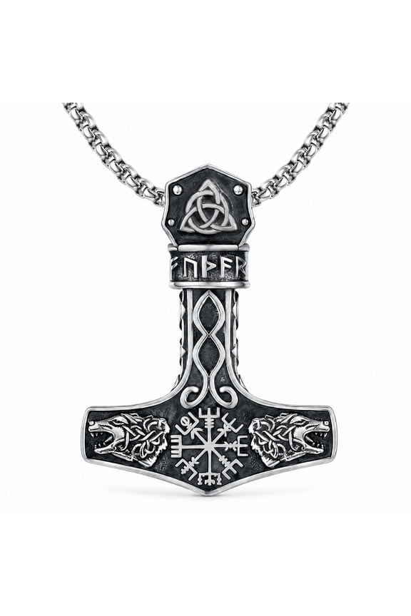 Thors Hammer Necklace for Men, Viking Mjolnir Pendant with Fenrir Wolf & Compass, 22"+2" Chain, Protection Jewelry