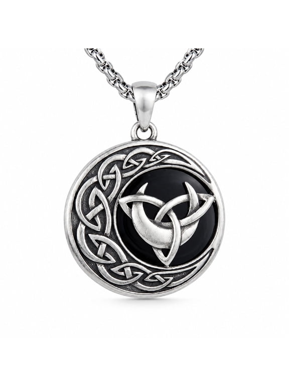 Viking Necklace for Men Celtic Triple Moon Triquetra Knot Pendant 28mm Black Onyx Antique Silver Stainless Steel Chain