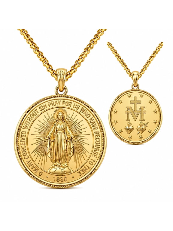 Virgin Mary Necklace for Men Women, 14K Gold Plated Miraculous Medal Double-Sided, Our Lady of Grace Catholic Gift