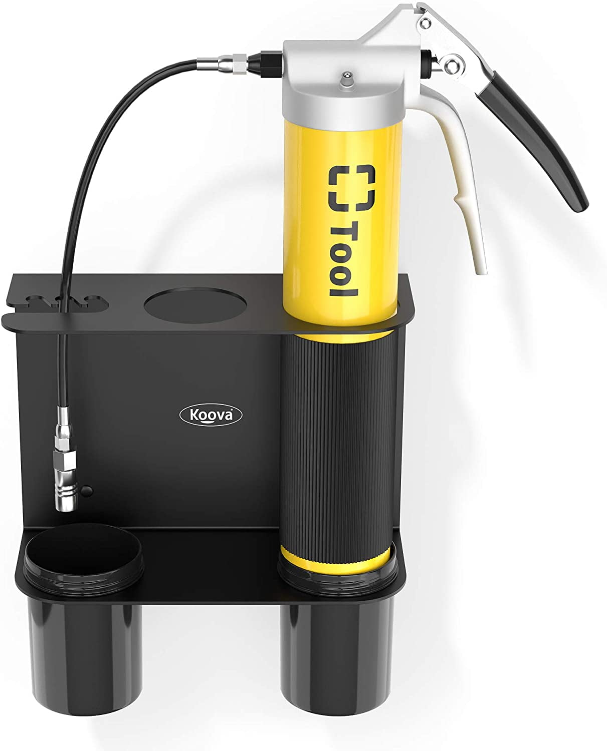 Koova Grease Gun Storage Holder 2.0 Steel Wall Mount with Drip Cups | USA Made