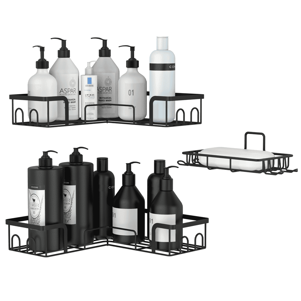 Koovon 2 Pack Corner Shower Caddy Shower Shelves Stainless Steel Self Adhesive Shower Caddy Rustproof Wall Mount Bathroom Rack with Extra Soap Holder Black