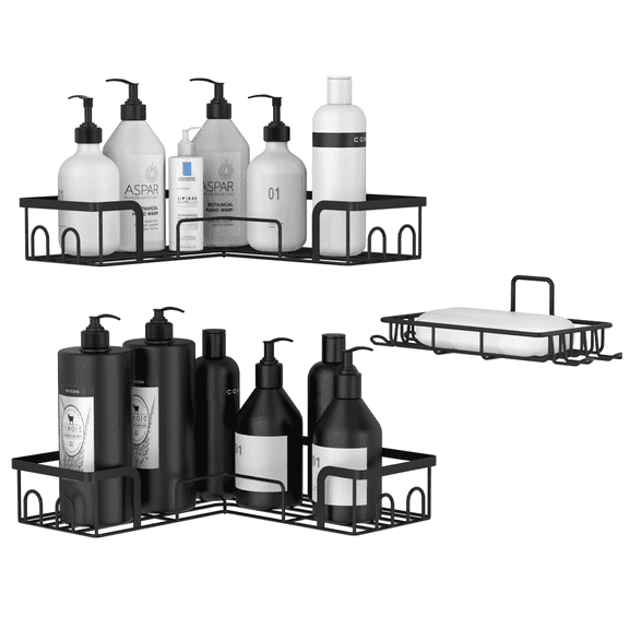 Koovon 2 Pack Corner Shower Caddy Shower Shelves Stainless Steel Self Adhesive Shower Caddy Rustproof Wall Mount Bathroom Rack with Extra Soap Holder Black