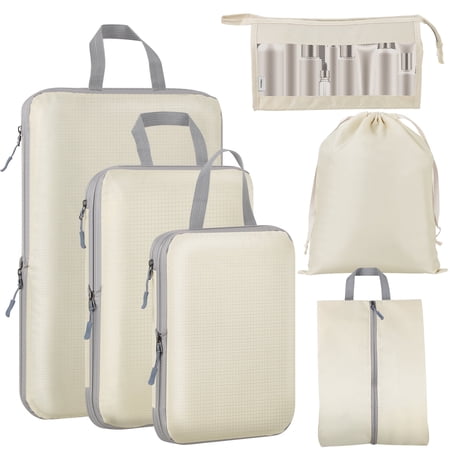 Koovon 6 Set Compression Packing Cubes for Suitcase Expandable Pack Cube for Luggage Organizers with Laundry Bag and Shoe Bags Beige
